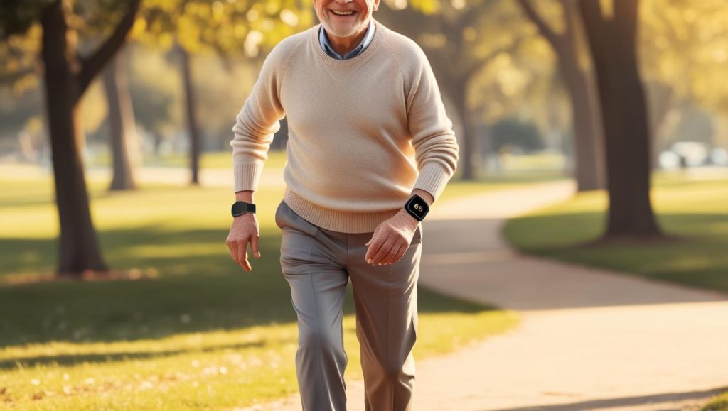 A SENIOR WALKING WITH A Fall Detection Smartwatch